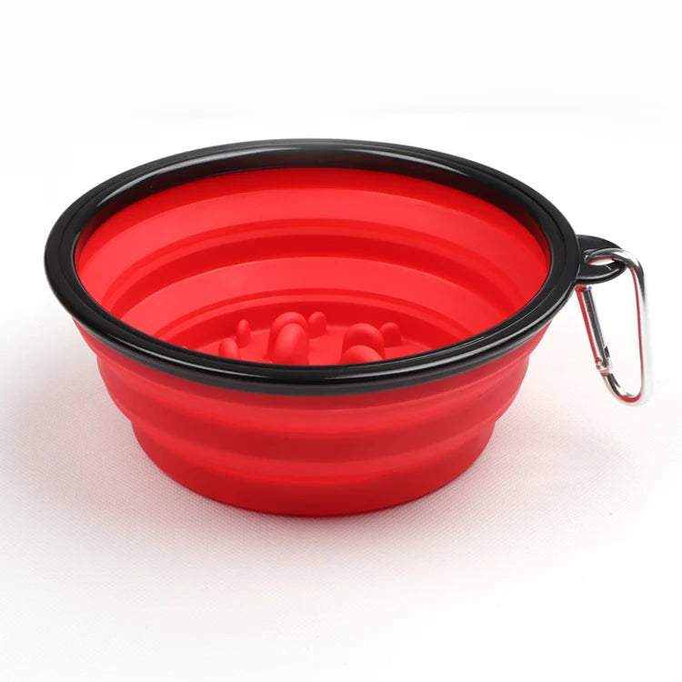 Red collapsible slow feeder dog bowl with carabiner clip