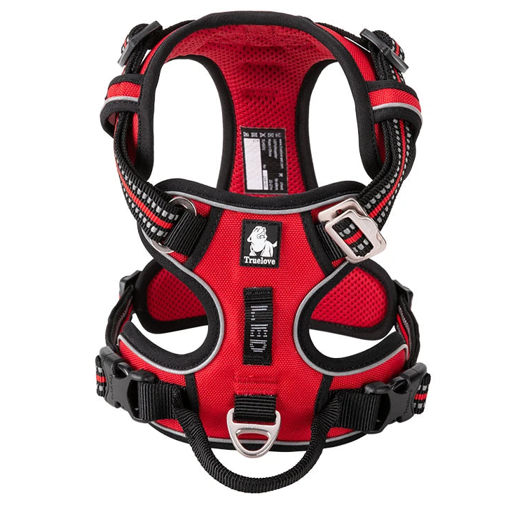 Red padded dog harness with chest padding and front ring