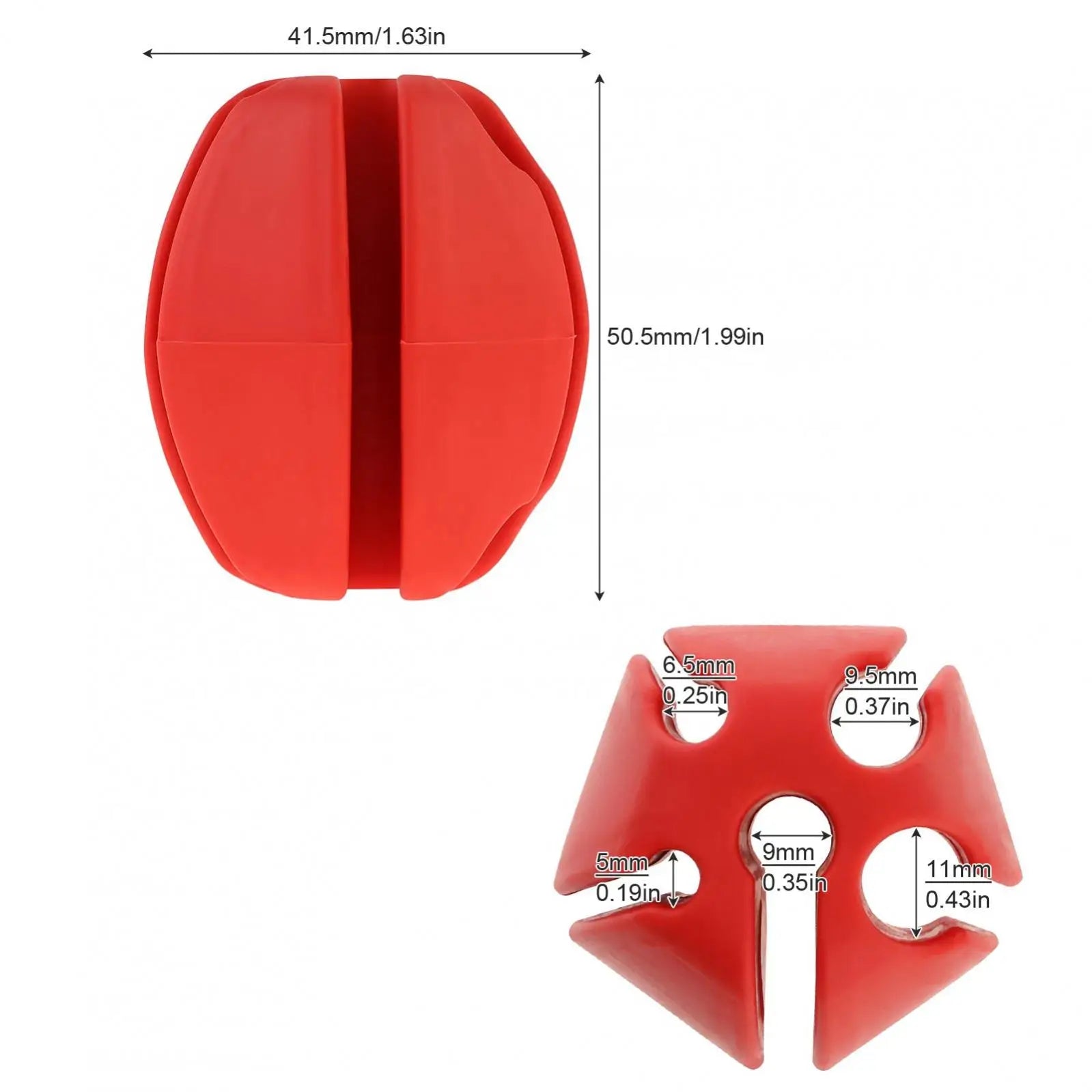 Diagram showing red silicone rod clip dimensions and internal diameter options for rods
