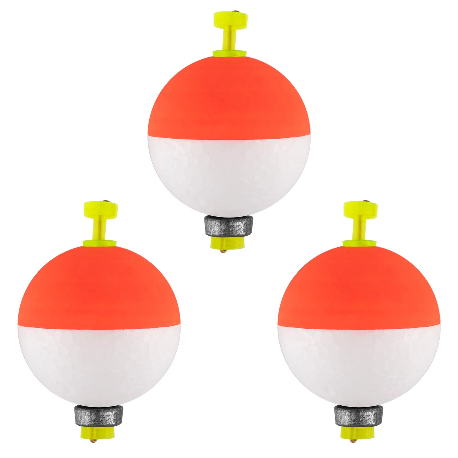 Red and white snap-on fishing bobbers for float fishing rigs