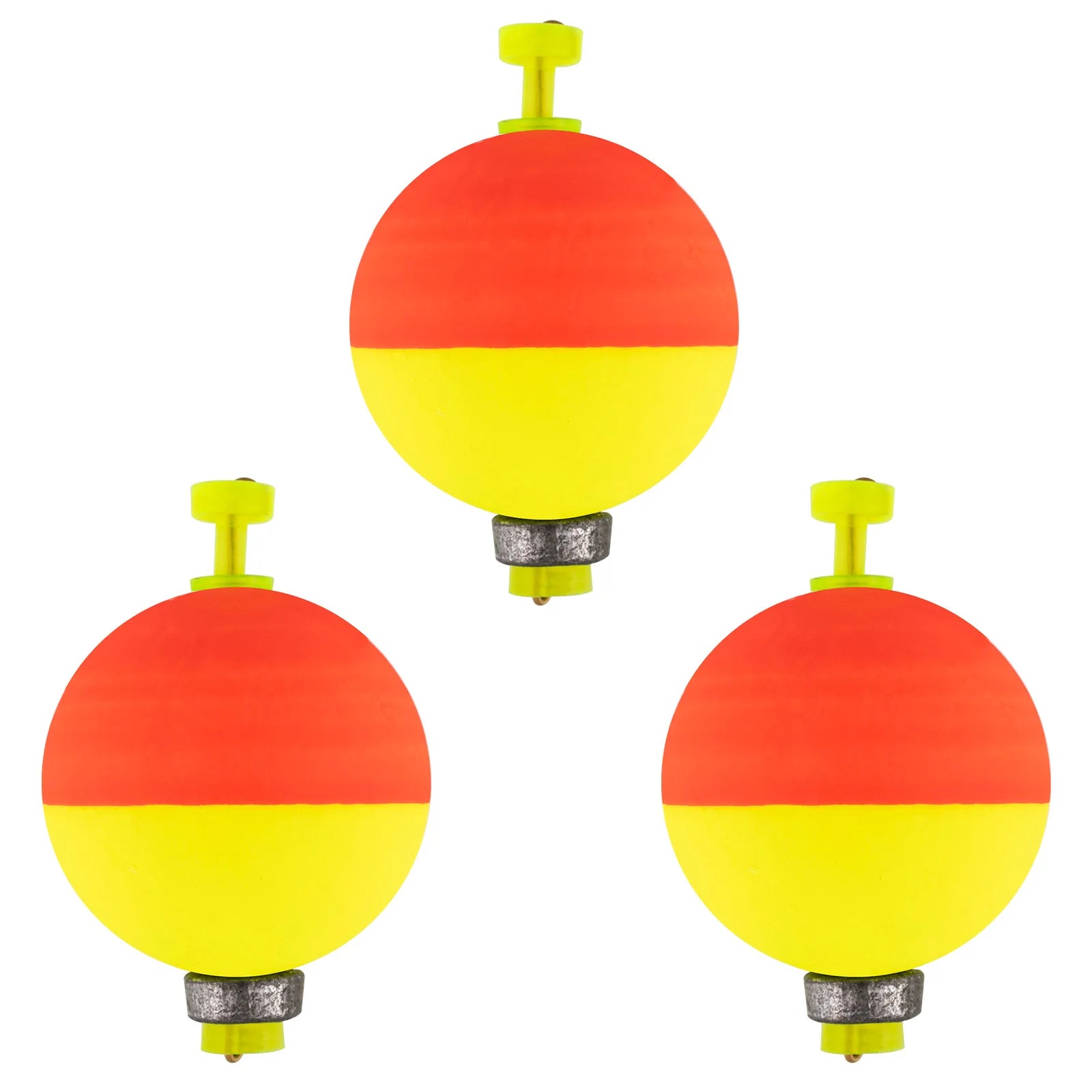 Red and yellow round fishing bobbers for easy strike visibility