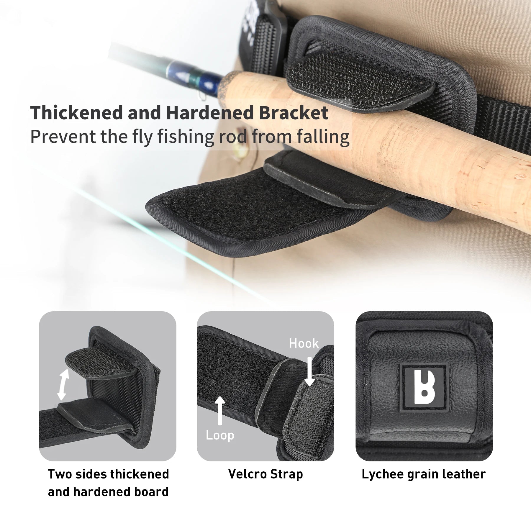 Close-up of BOOMS FISHING nylon rod holder showing reinforced bracket and waterproof stitching