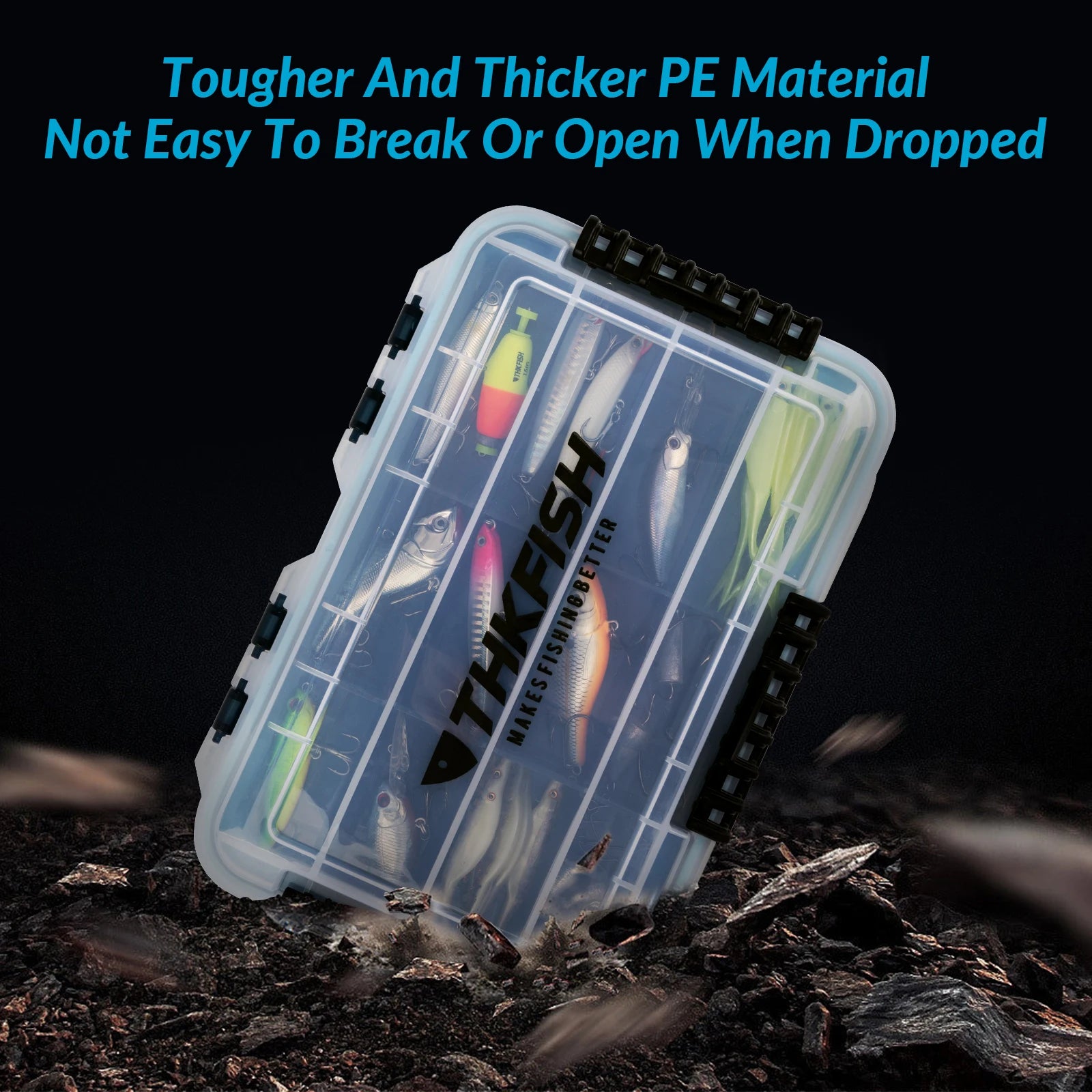 Reinforced plastic waterproof tackle box designed for impact resistance