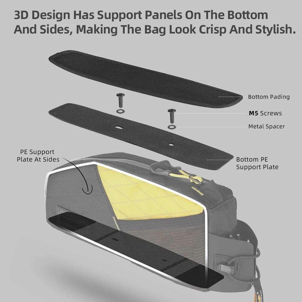 Cross-section showing 3D support panels on Rhinowalk top tube bike bag for shape and stability