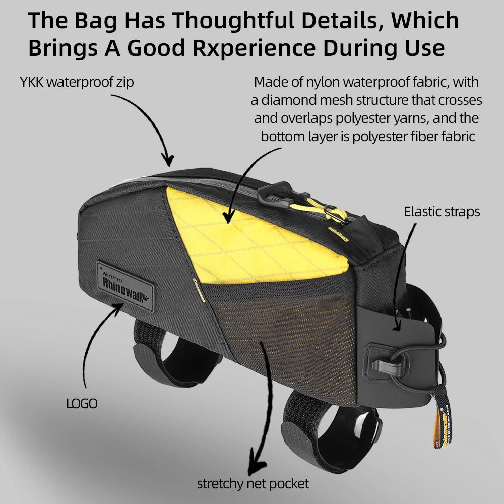 Features of Rhinowalk bike top tube bag including waterproof zips, mesh pocket, and elastic straps