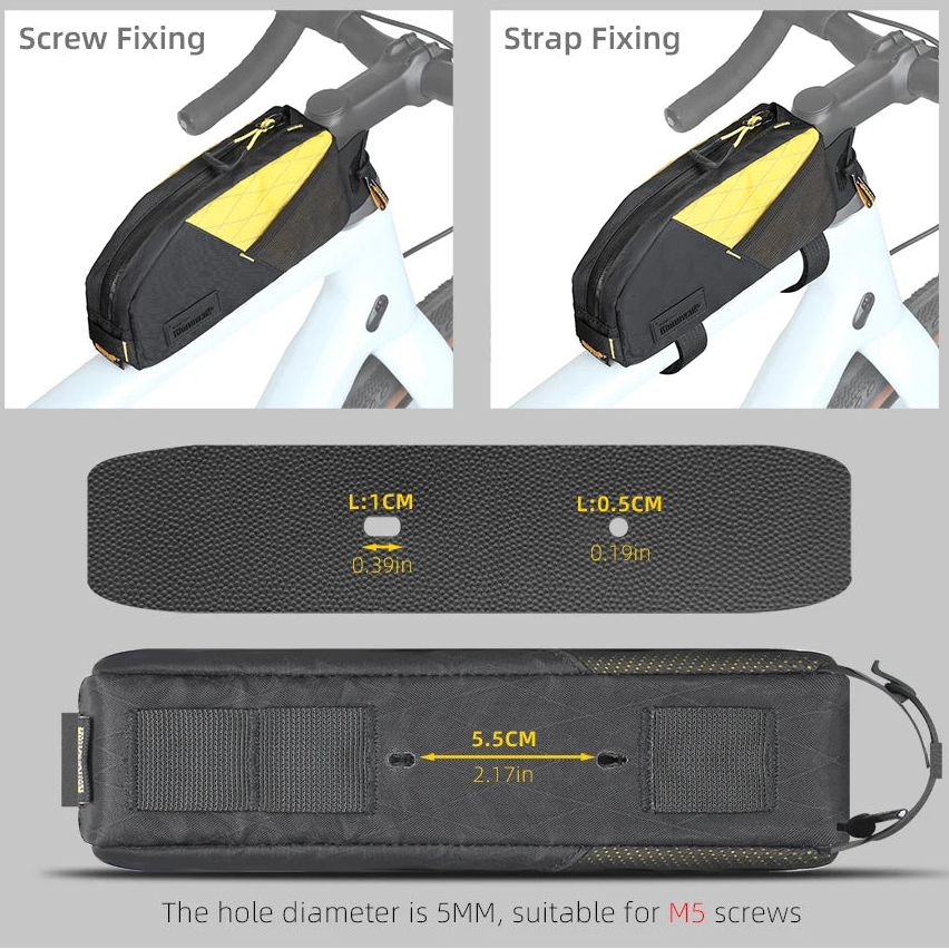 Diagram showing screw and strap fixing methods for Rhinowalk top tube bike bag with 19 mm bolt holes