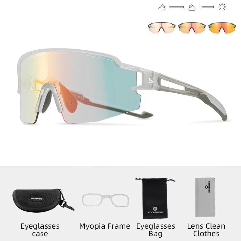ROCKBROS 1017 sports glasses main angle with case, bag, and cleaning cloth