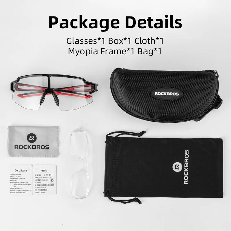 ROCKBROS 1017 glasses package showing case, cloth, myopia frame, and accessories