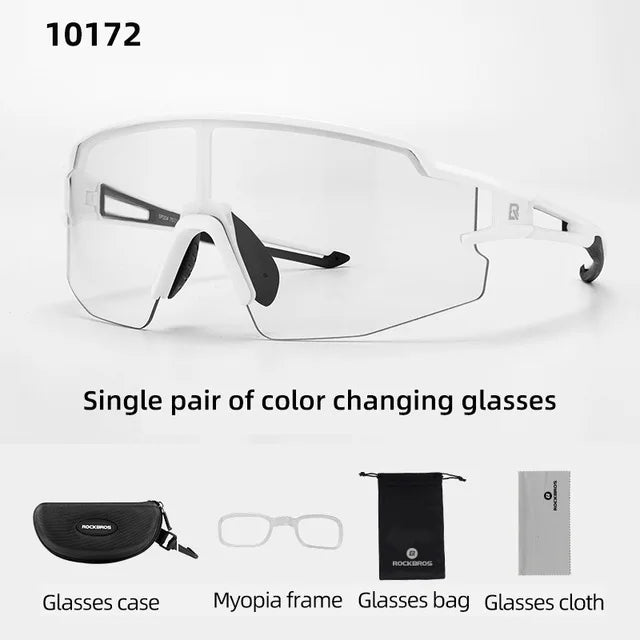 ROCKBROS 1017 white frame cycling glasses with clear-to-dark photochromic lens