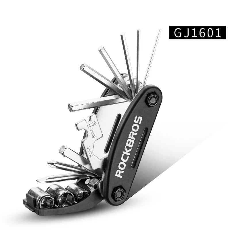 ROCKBROS bicycle multi-tool opened at angle showing full tool set