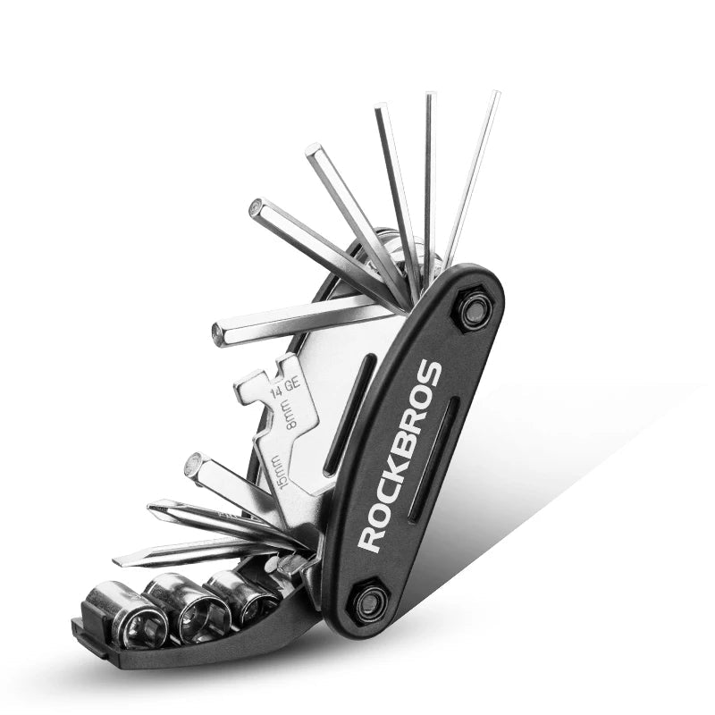 ROCKBROS bicycle multi-tool opened showing hex keys and wrenches