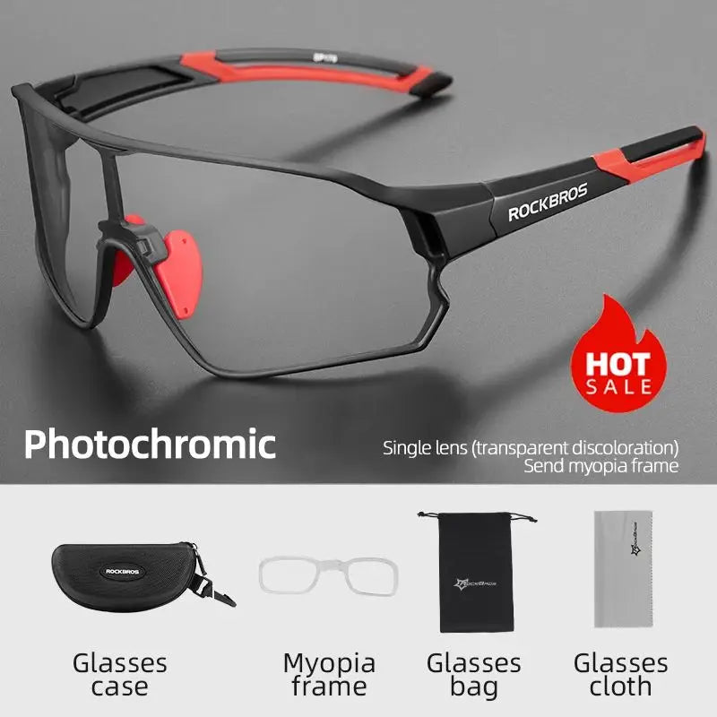 ROCKBROS black photochromic cycling sunglasses with lightweight frame, clear-to-dark lenses, and case