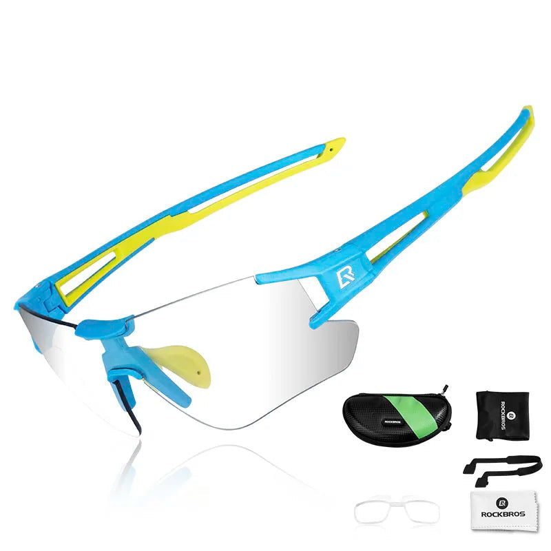 ROCKBROS blue and yellow photochromic cycling glasses with UV400 mirrored lenses