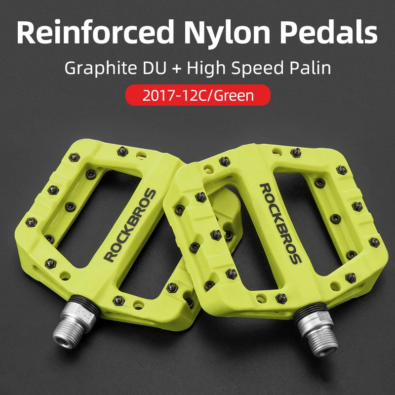 ROCKBROS green reinforced nylon flat platform pedals with anti-slip pins