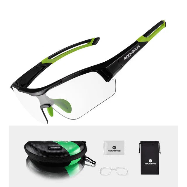 ROCKBROS black and green trim UV400 cycling glasses with photochromic clear lenses