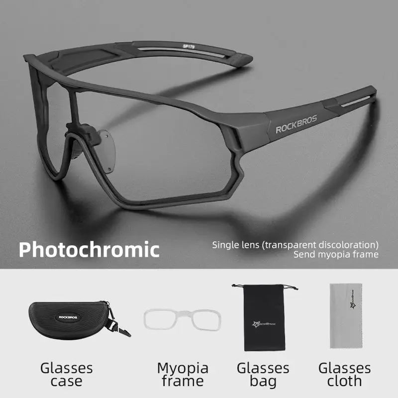 ROCKBROS grey photochromic cycling glasses with TR90 frame, full UV400 coverage, and storage accessories