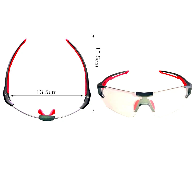 ROCKBROS sports glasses side profile showing lightweight TR frame and measurements