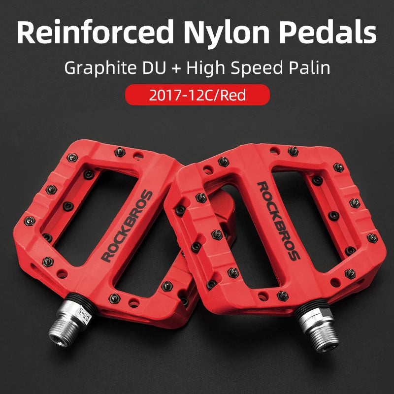 ROCKBROS red reinforced nylon flat platform pedals for mountain bikes