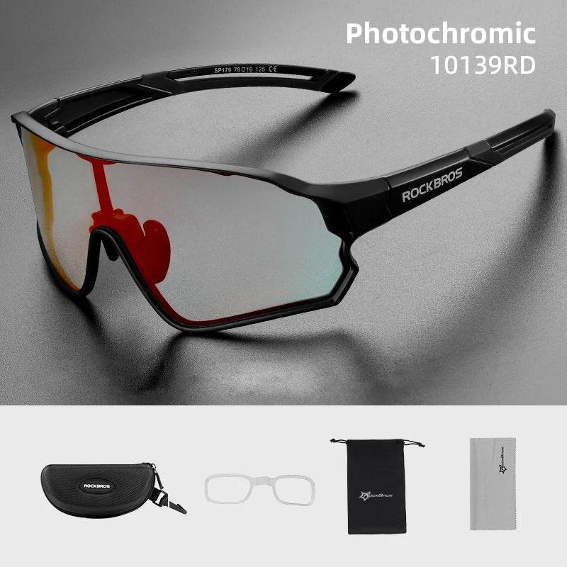 ROCKBROS red photochromic cycling glasses with adaptive UV400 lenses, hard case, and cleaning kit