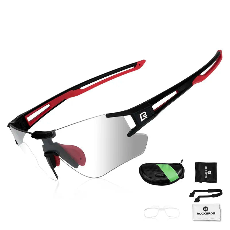 ROCKBROS red trim sports glasses with clear photochromic UV400 lenses and case