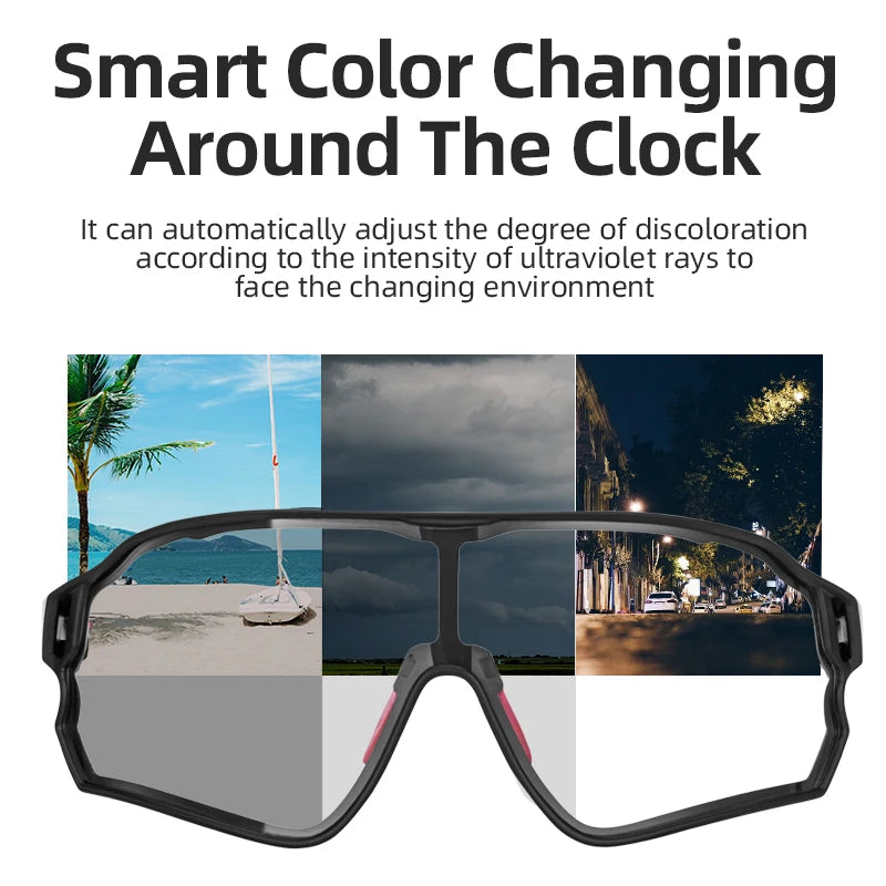 ROCKBROS smart photochromic lenses showing automatic light adjustment for clear to dark conditions