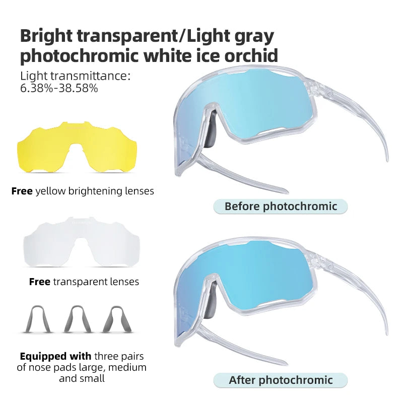 ROCKBROS SP351 transparent grey frame with pink polarised lenses and spare lens kit