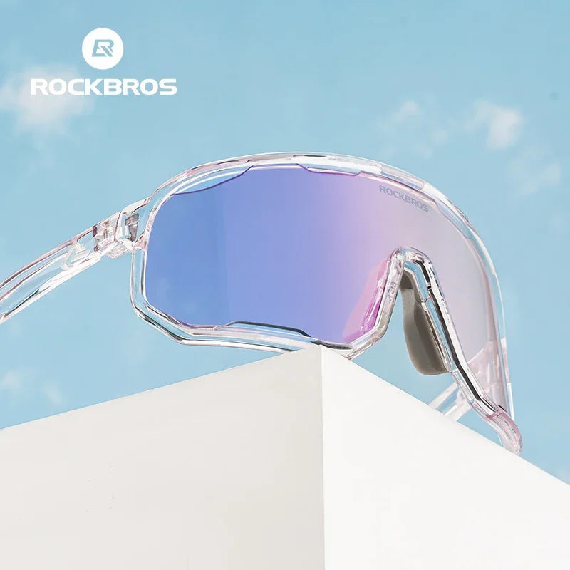 ROCKBROS SP351 photochromic mirrored lenses showing gradient colour and light reflection
