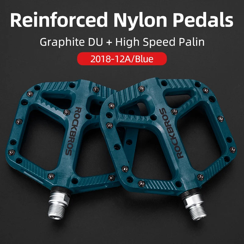 ROCKBROS teal reinforced nylon flat platform pedals for MTB riding