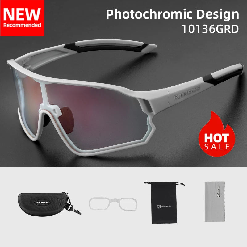 ROCKBROS white frame photochromic cycling glasses with adaptive lenses for bright or shaded trails