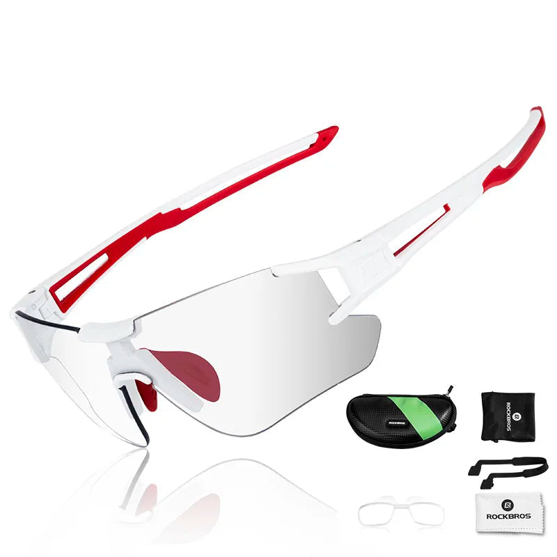 ROCKBROS white and red frame UV400 cycling glasses with adaptive light lenses
