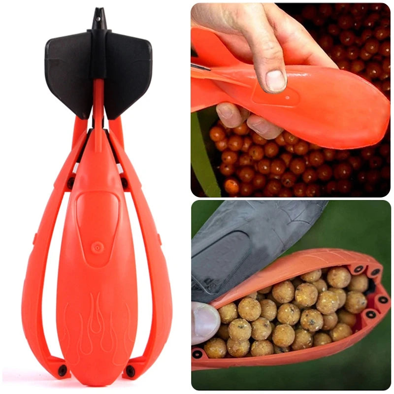 Rocket bait feeder filled with groundbait for long-distance fishing