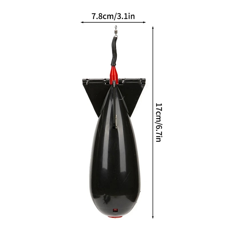 Black rocket bait feeder size diagram with fishing feeder dimensions
