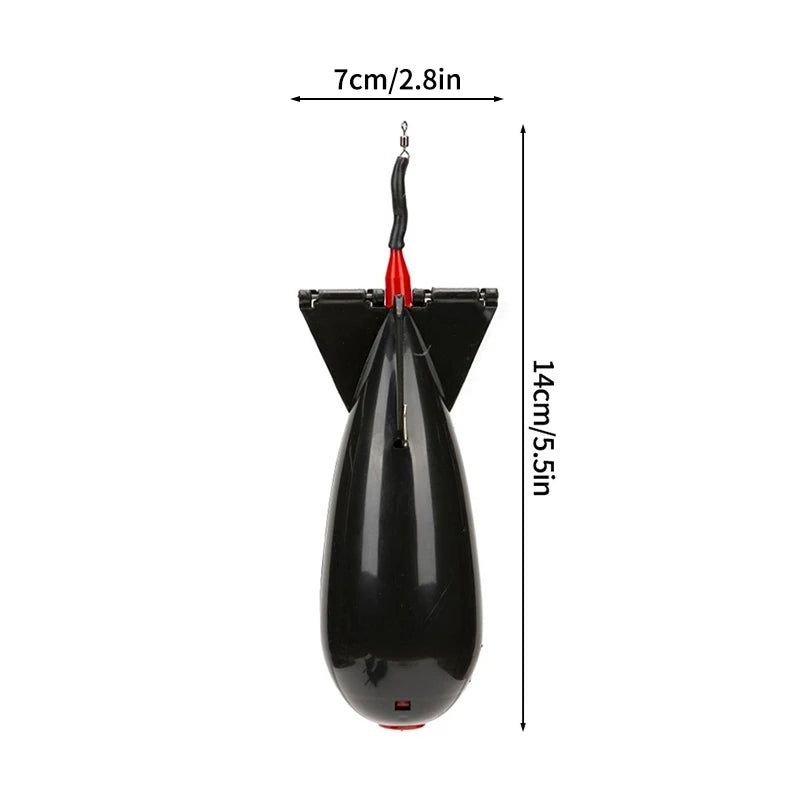 Black rocket bait feeder size diagram showing length measurement