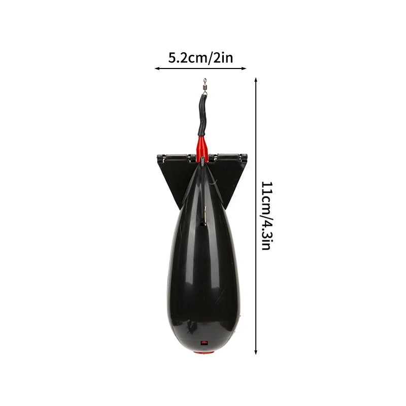 Rocket bait feeder size diagram showing length and width measurements