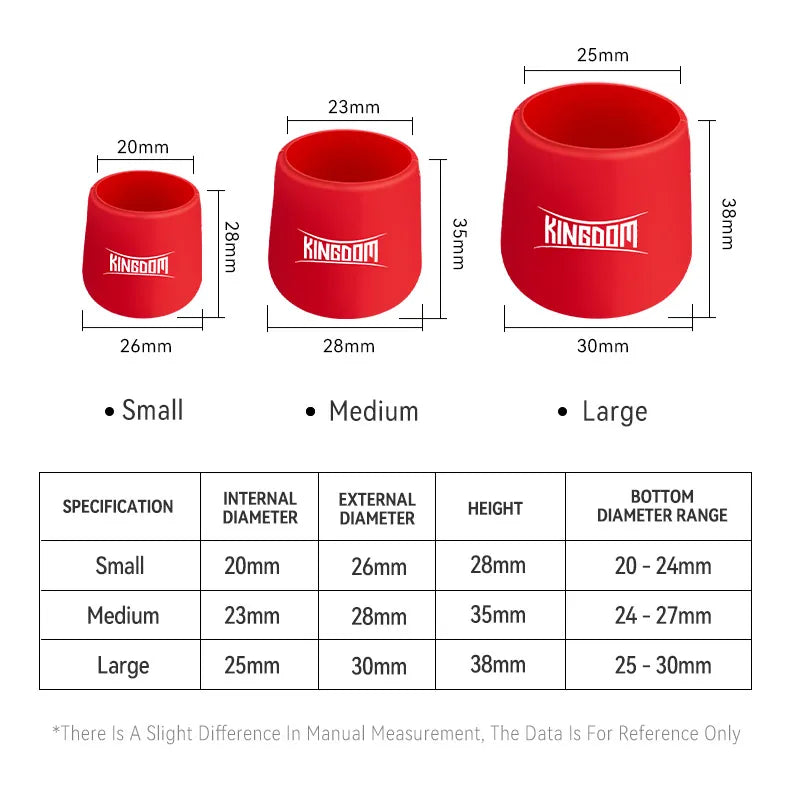Size reference chart showing small, medium, and large silicone butt caps with diameter options