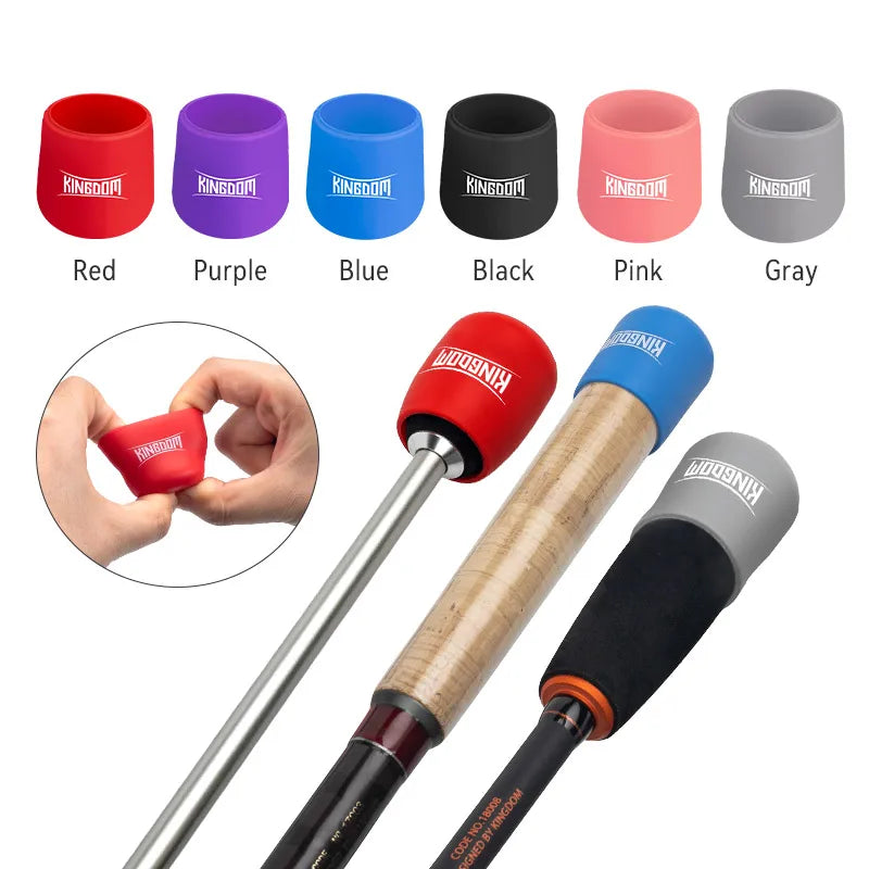 Fishing rods fitted with colourful silicone butt caps for protection and grip enhancement
