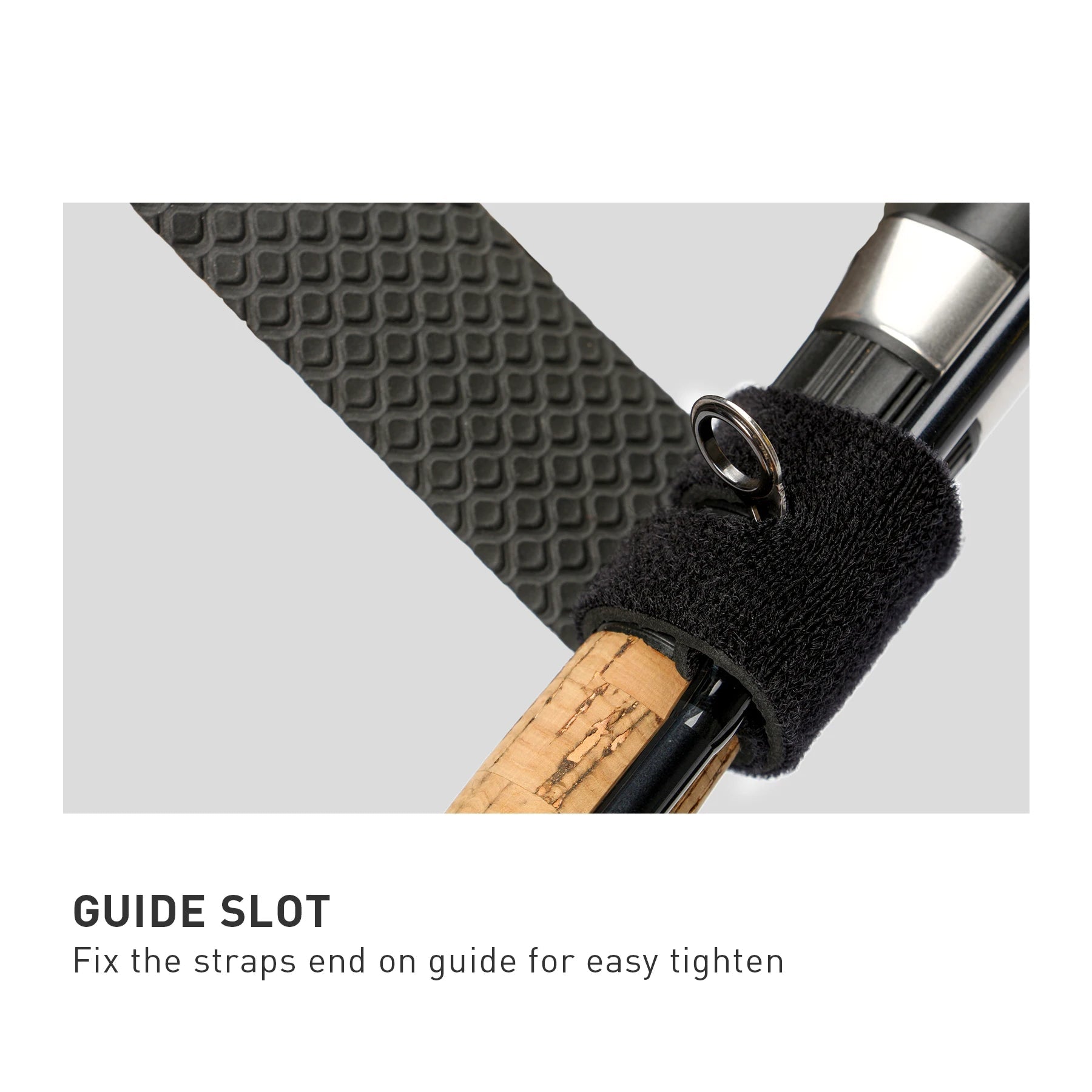 Close-up showing BOOMS FISHING strap guide slot for fitting and tightening around rod handle