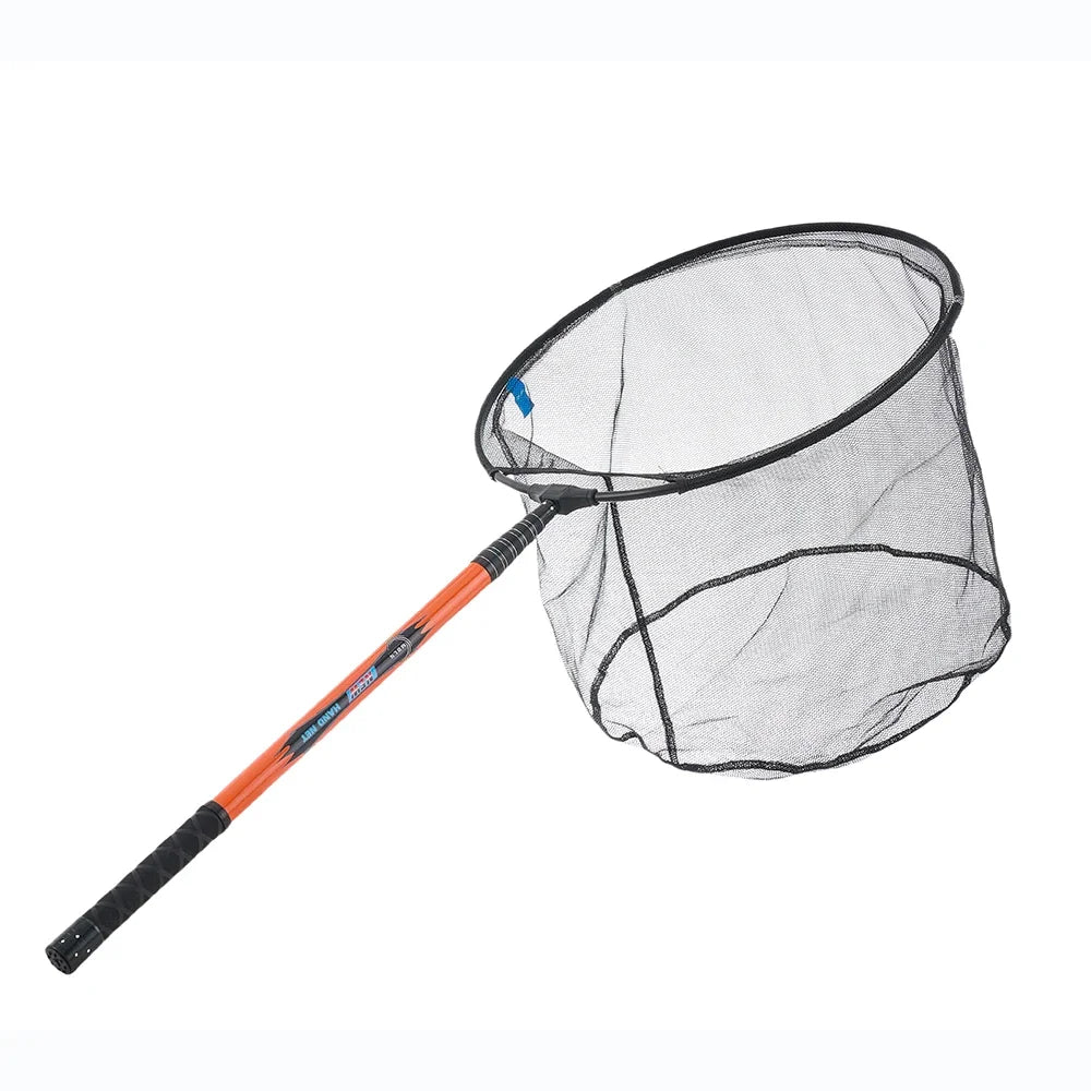 Round fishing landing net head with small mesh attached to telescopic handle