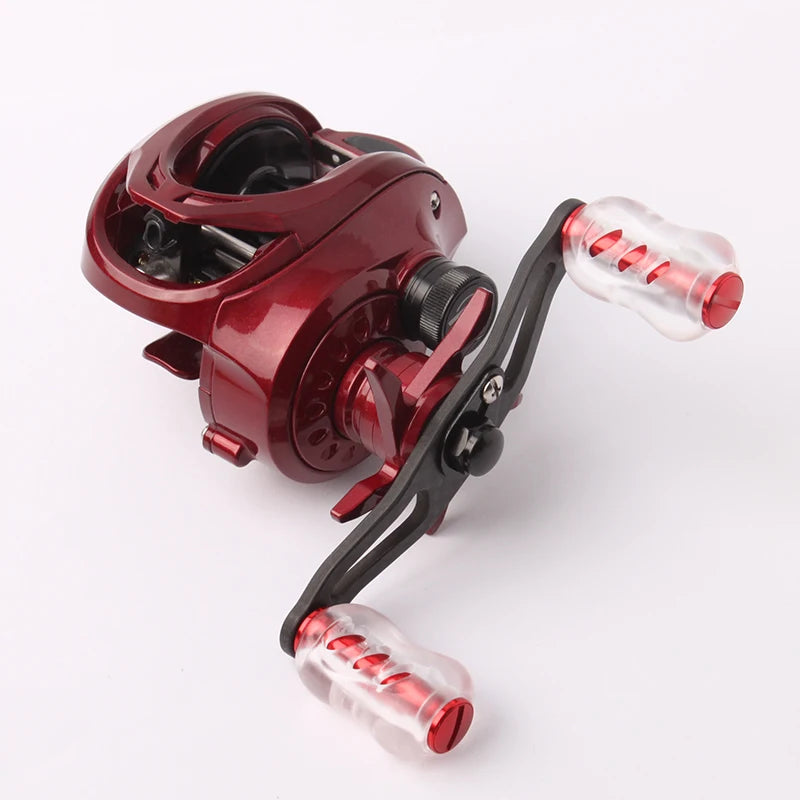 RUKE acrylic baitcasting reel knob on red reel setup, ideal lightweight performance upgrade for precision anglers