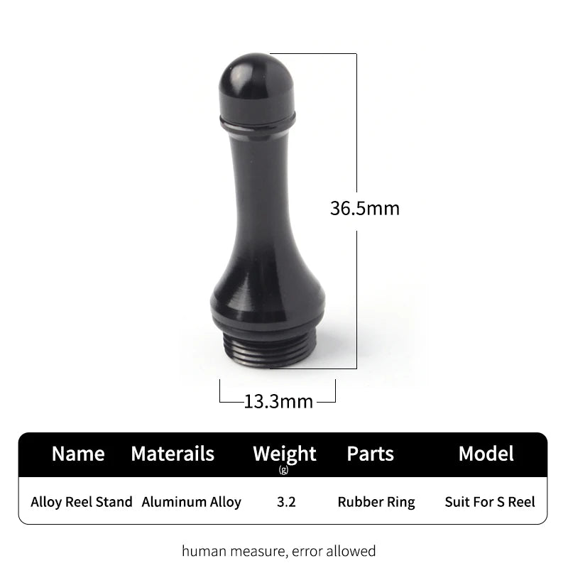 RUKE black aluminium reel stand with detailed dimensions for S-type spinning reel compatibility