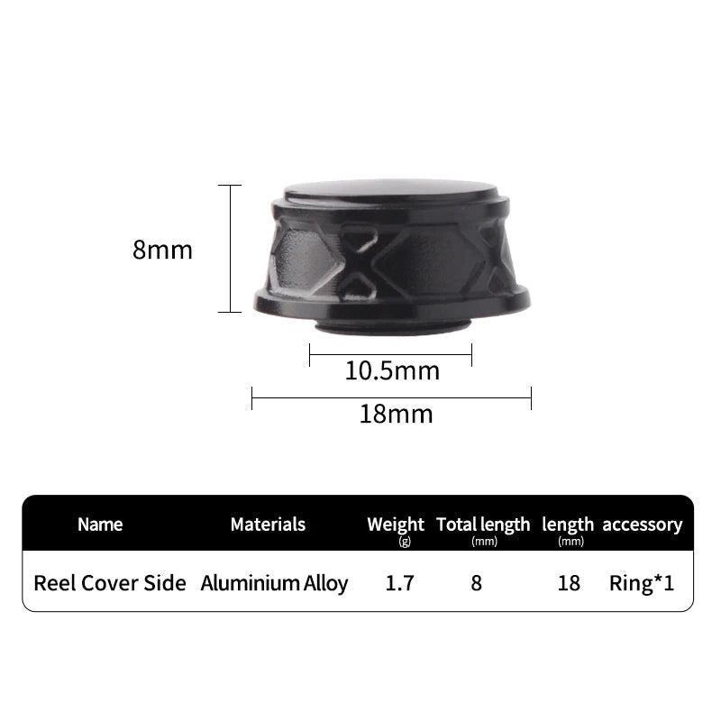 Black aluminium reel cap with precise measurement diagram for 10.5mm screw fit