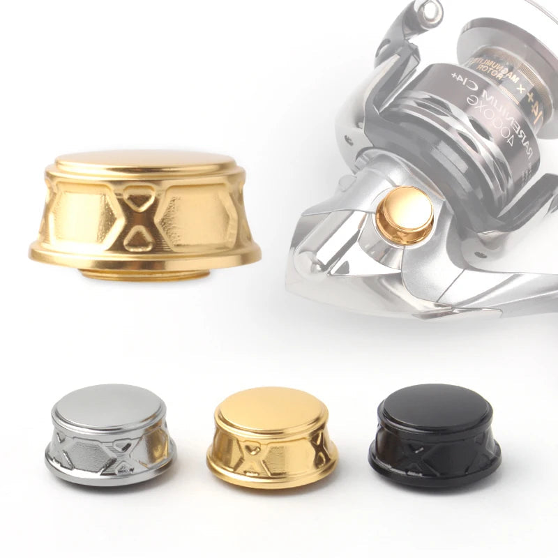 RUKE aluminium reel caps in grey, black, and gold for sealing spinning reel handle shafts