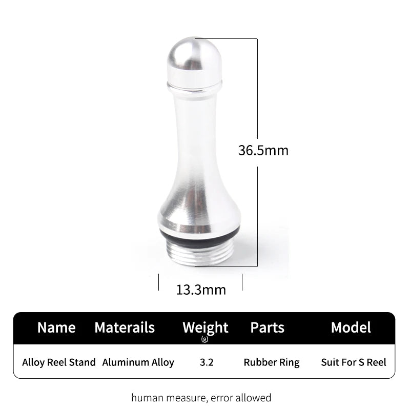RUKE silver aluminium reel stand with technical measurement chart showing precise 36.5 mm length