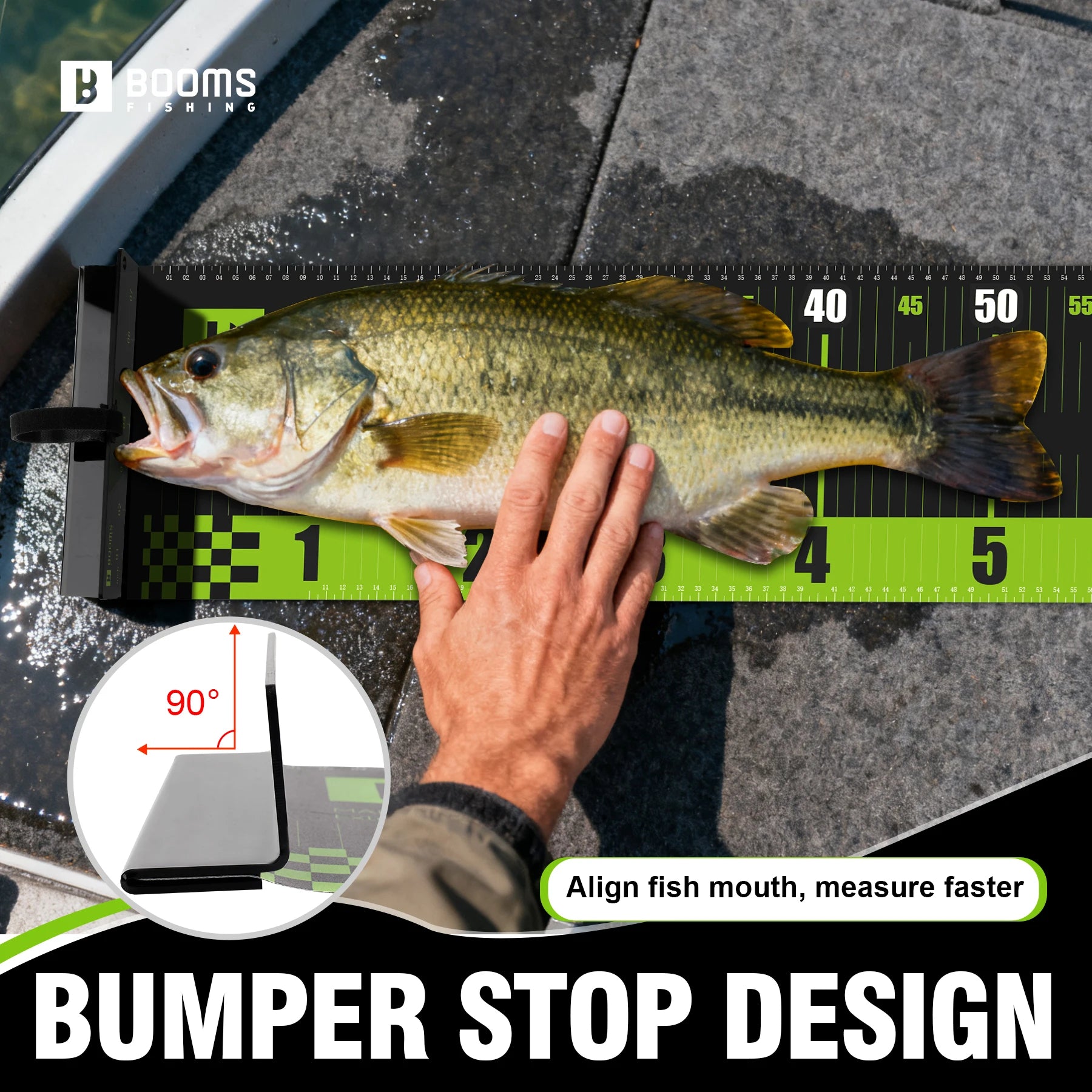 Angler using waterproof 150 cm fish measuring ruler on board with folding stop plate