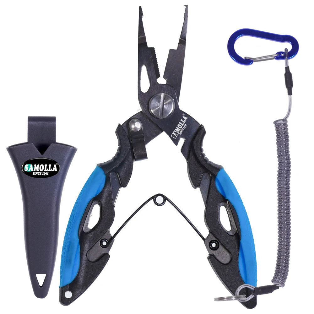 Saltwater fishing pliers with sheath and coiled safety lanyard