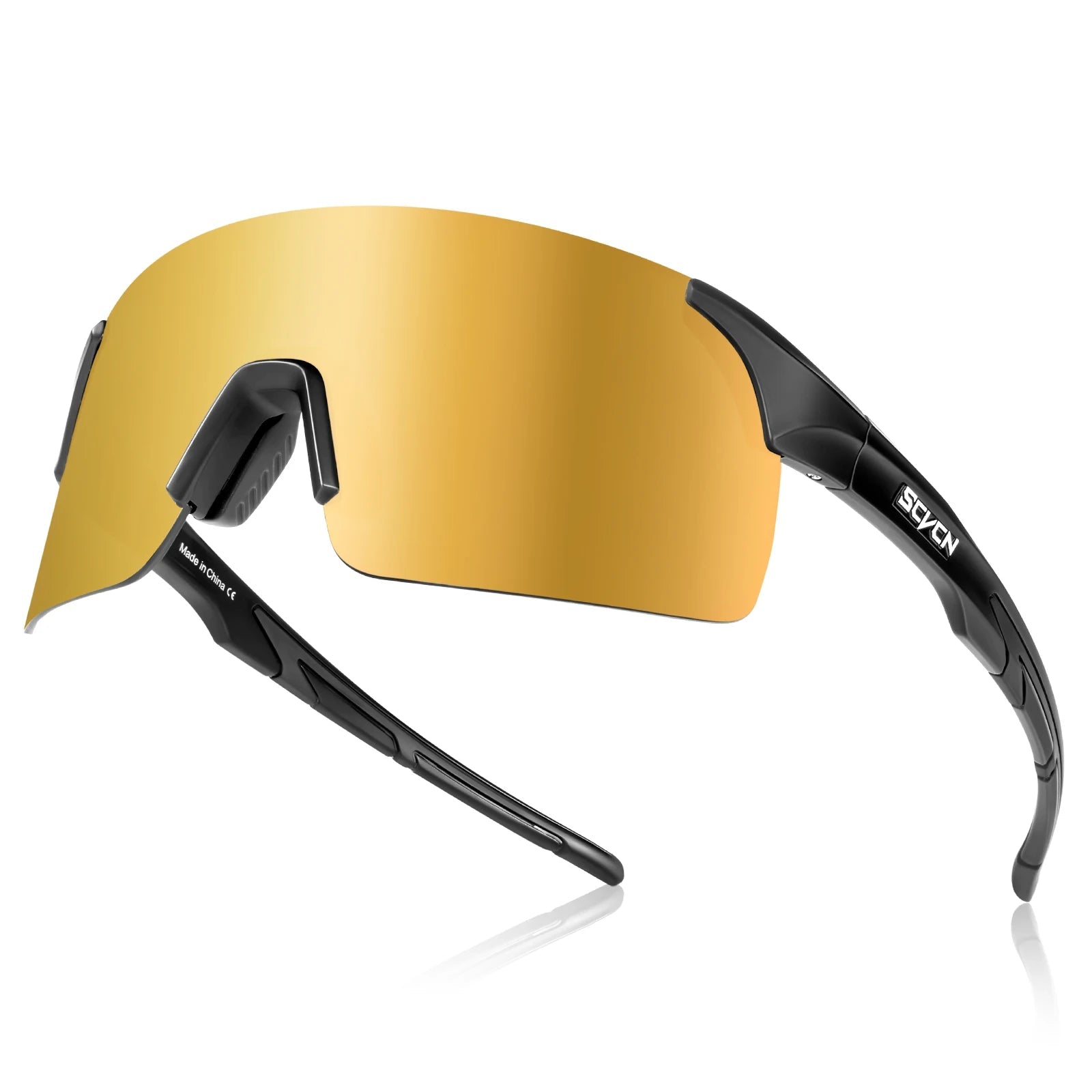 SCVCN gold mirrored sports sunglasses with black frame and UV400 adaptive lenses for cycling and fishing
