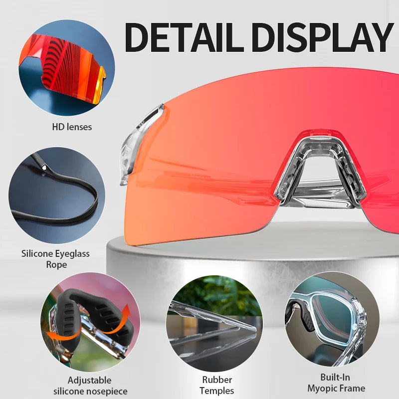 SCVCN sports sunglasses detail display showing photochromic lens function and polarised UV400 protection for cycling and running