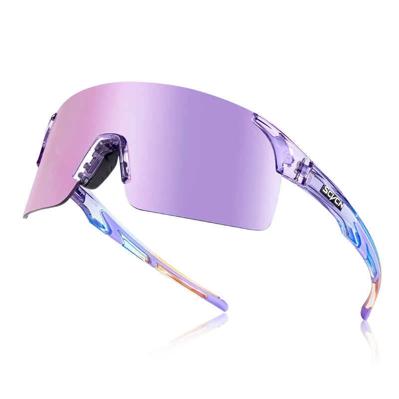 SCVCN purple frame sports sunglasses with photochromic blue lenses designed for comfort and UV protection outdoors