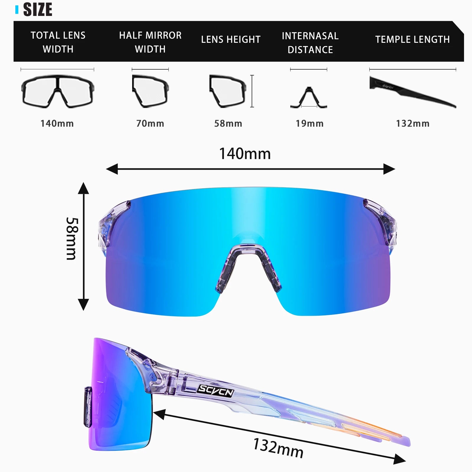 ize chart of SCVCN photochromic polarised sunglasses showing frame dimensions, fit guide, and UV400 performance