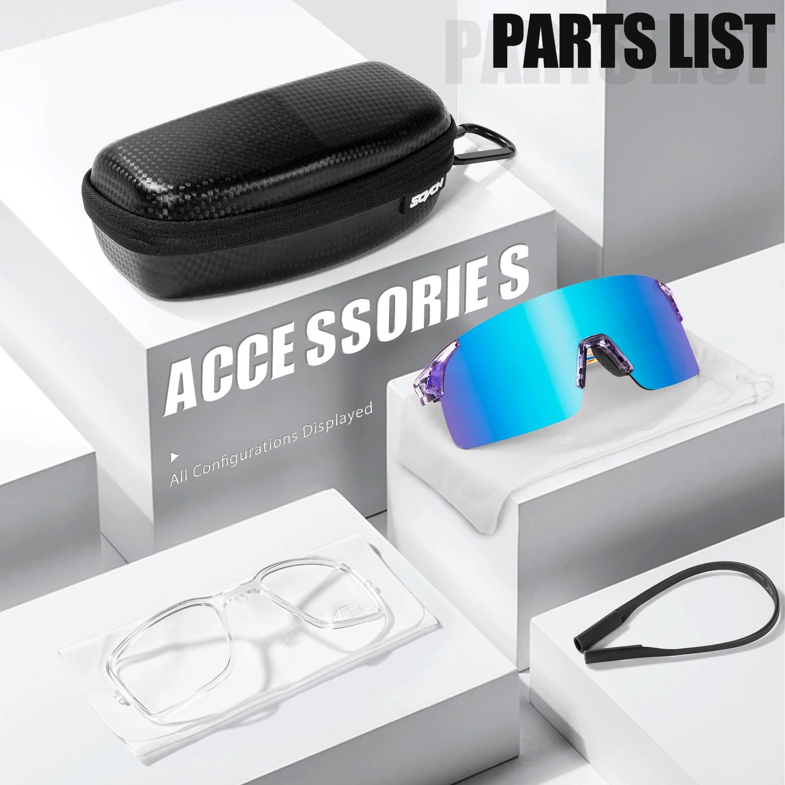 SCVCN sunglasses accessory pack including hard case, cleaning cloth, and detachable myopia frame insert for cycling eyewear